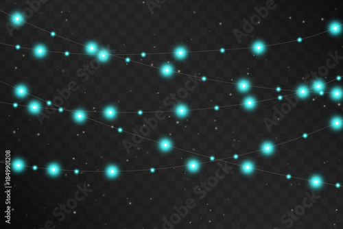 Five hanging Christmas garlands in turquoise tones with white snow or dust particles on a dark checkered background. Festive winter lighting decor.