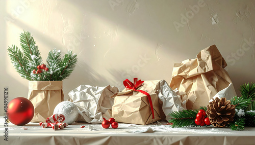 Crumpled Christmas wrapping paper and disposable items on table, waste reduction concept