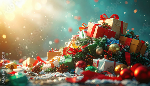 Pile of Christmas waste including plastic toys, ribbons, and boxes, overconsumption theme, environmental responsibility