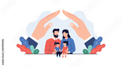 A caring concept of family protection and insurance, showing a happy family with two daughters sheltered under large protective hands.
