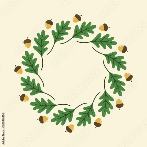 Oak leaves. Wreath of oak leaves. Autumn wreath. Acorn. Oak leaf ornament. Logotype. Oak branch and acorns. Vector illustration in doodle style. Leaf. Floral logo template. Round pattern. Decorative 