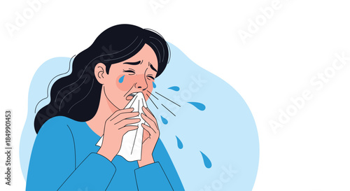 A sick young woman with a cold or flu, crying and sneezing into a tissue due to illness or severe allergy symptoms, medical vector.
