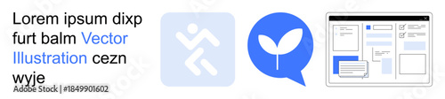 Web development, eco-conscious messages, digital communication, design processes, technology tools, visual elements. Blue icon of running figure, green leaf icon webpage layout. Web development