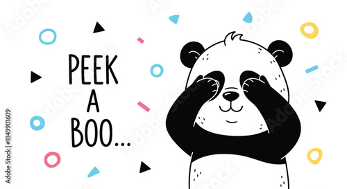 An adorable panda bear playing a game of peek-a-boo, covering its eyes with its paws, with playful text and confetti in the background.