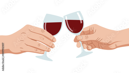 Two hands clink wine glasses in a celebratory toast, symbolizing friendship, success, and joyful moments shared between people.