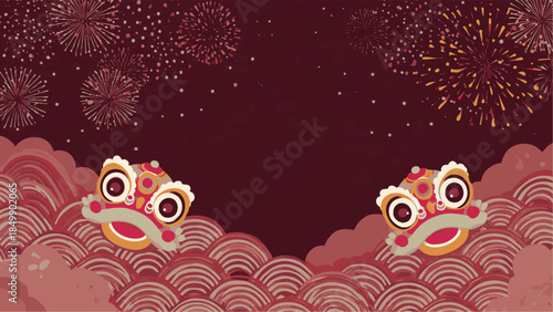 Two vibrant lion dance figures stand against a backdrop of celebratory fireworks, evoking the festive spirit.