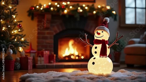 Snowman and fireplace at living room.