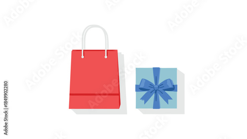 Festive shopping bag and a beautifully wrapped gift suggest celebration and giving, perfect for holidays or special occasions.