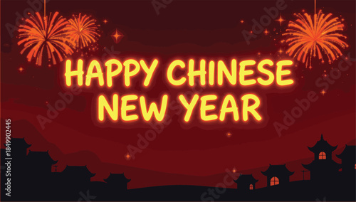 A vibrant scene, animated festive design, with fiery bursts, traditional architectural elements, illuminated message, and vibrant colors capture the essence of the joyous celebration. 