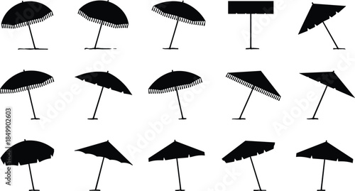 Black beach umbrella silhouettes set isolated on white background, summer shade parasol icons collection for design and decoration commercial vector