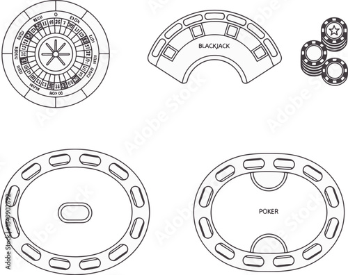 Casino games tables and chips, illustrated, a visual of gaming excitement, in black and white, conveying an engaging atmosphere.
