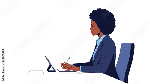 Focused young professional woman diligently works on a tablet with a stylus at her desk, demonstrating modern workplace productivity.