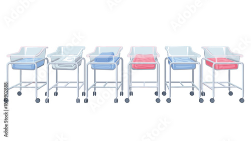 Six newborn baby bassinets with blue and red linens are lined up in a row, representing infant care and hospital settings.