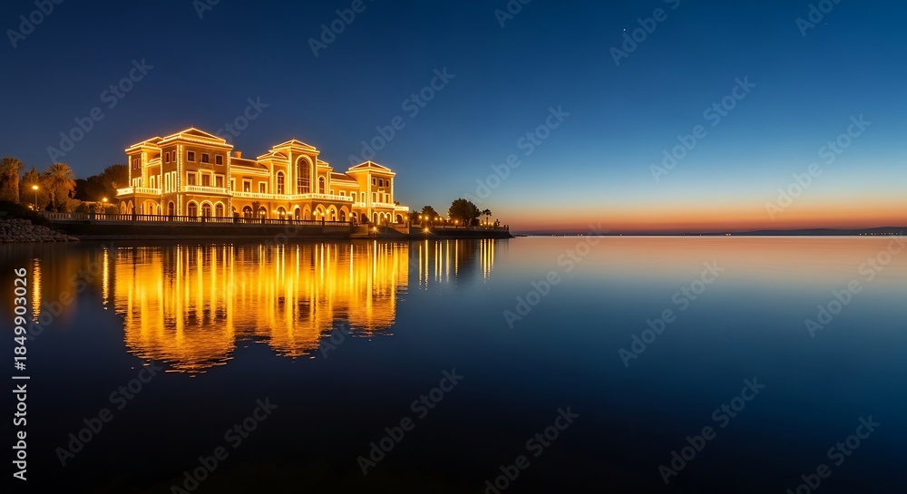Obraz premium Emirates Palace Hotel illuminated at dusk with reflection in water.