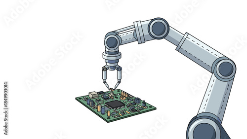 Robotic arm precisely placing a component onto a green circuit board during automated manufacturing or assembly processes.