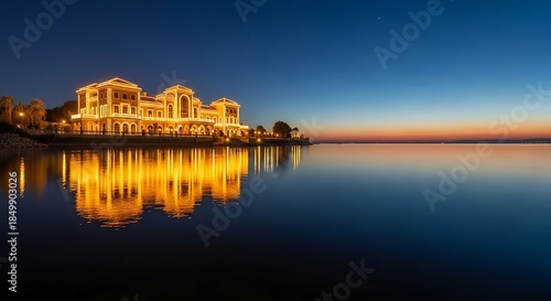 Wallpaper Mural Emirates Palace Hotel illuminated at dusk with reflection in water. Torontodigital.ca
