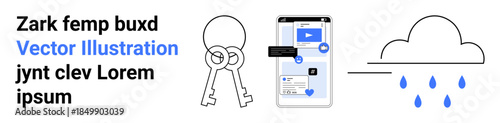 Technology, data security, cybersecurity, cloud storage, online access, mobile apps. Keys, a smartphone with graphics and a cloud with raindrops. Data security and technology