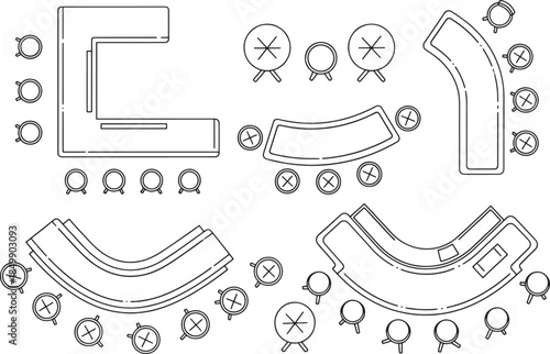 Architectural blueprints of office desks and furniture. A top-down view of design elements, ready for assembly. This image evokes precision, and planning for an office space.