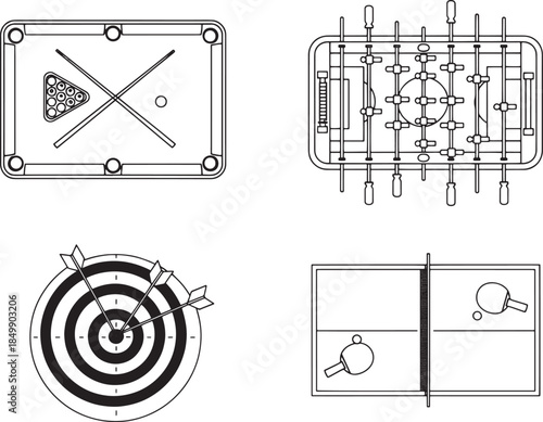 Four iconic games of leisure and recreation are neatly arranged in a clean, graphic style, perfect for illustrating the concept of competitive fun, indoor activities, and entertainment.