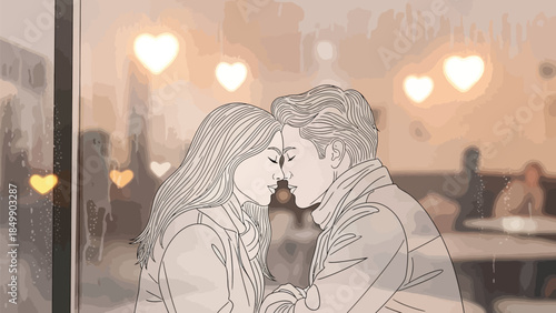 Romantic line art drawing of a couple about to kiss seen through a rainy window with glowing heart bokeh lights in the background