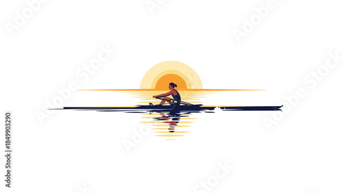 Solitary rower glides across calm waters towards a radiant sunrise, creating a peaceful and serene scene.