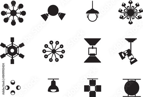 A collection of minimalist black-and-white icons of diverse light fixtures against a plain background. Capturing the essence of illumination.