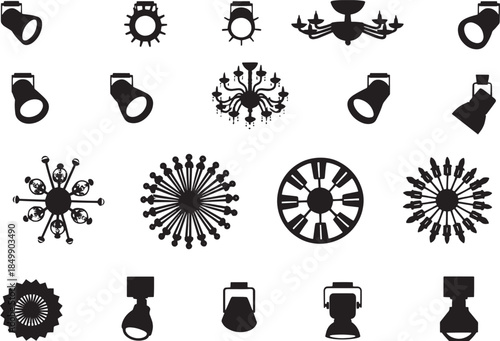 A collection of diverse light fixtures presented in elegant black and white. Including a variety of shapes and designs, capturing the essence of illumination.