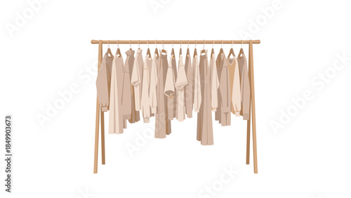 Neutral toned clothing rack displays a curated collection of sweaters, shirts, and dresses, offering a minimalist wardrobe aesthetic.