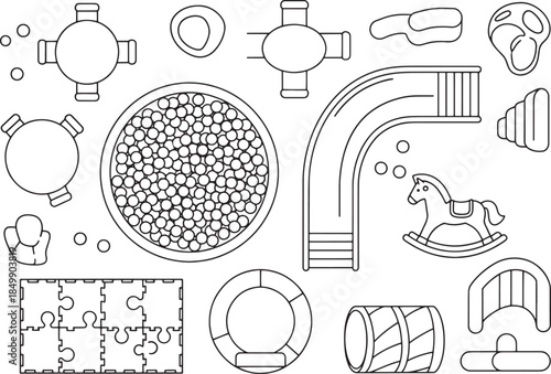 Overhead view of a child's play area, with various toys and structures arranged in a playful layout.