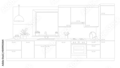 Modern kitchen interior design blueprint sketch featuring integrated appliances cabinetry and a window above the sink area