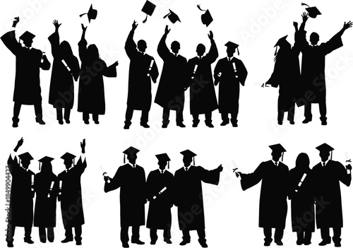 A collection of silhouetted graduates celebrating their hard-earned degrees with exuberance, tossing their caps high in the air against a simple background. Capturing the essence of education.
