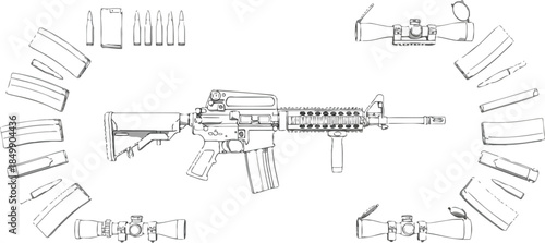 Detailed schematic blueprint of an assault rifle with various accessories and ammunition laid out in a clean white composition