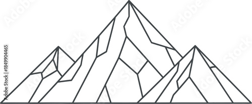 Minimalist geometric line art illustration depicting a rugged mountain range silhouette against a clean white background for adventure branding