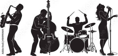 An evocative silhouette of a jazz band in full swing, featuring the saxophonist, bassist, drummer, and vocalist in a moment of musical collaboration. A stylish musical performance, a creative project.