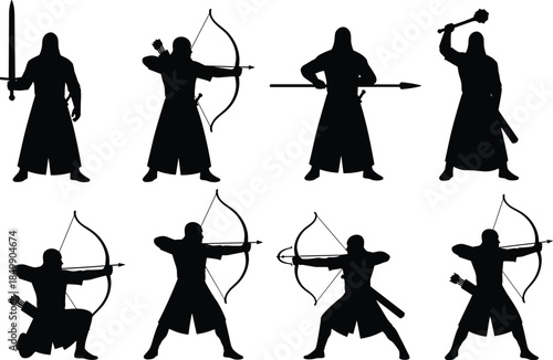 Medieval warrior silhouettes collection isolated on white background, fantasy archers swordsmen knights action poses set for historical battle vector design