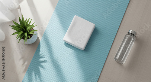 yoga mat and bottle of water on wooden floor in nature background