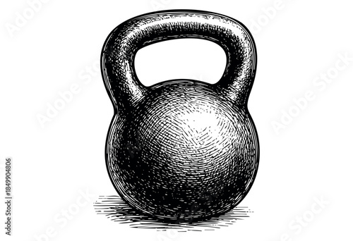 A detailed black and white ink sketch of a classic kettlebell on a white background, evoking a sense of vintage fitness and strength training.