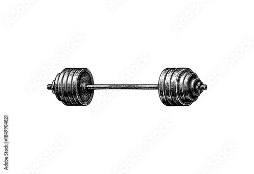 Detailed black and white illustration of a vintage barbell with stacked weight plates on a clean white background, representing fitness and strength training.