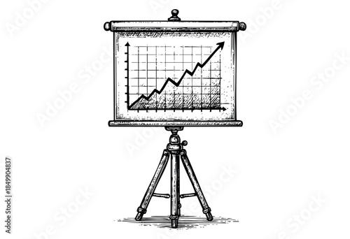 Retro sketch style illustration of a flip chart with a rising arrow graph on a tripod, representing business growth and data analysis.