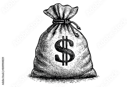 A hand-drawn sketch of a full money bag with a dollar sign printed on it, rendered in a classic black and white ink style, perfect for financial or economic concepts.