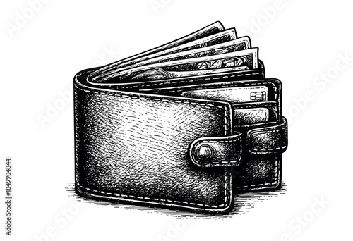 A detailed pen and ink illustration of a black leather wallet bulging with cash and credit cards, depicted against a stark white background.