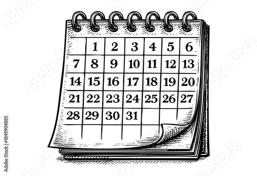 A black and white illustration of a spiral-bound calendar page displaying numbers 1 through 31, evoking a sense of planning and time management.