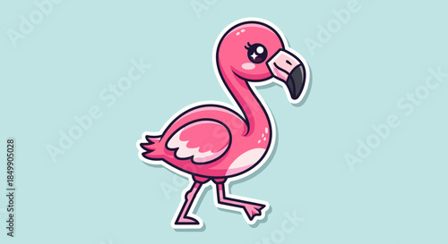 Cute cartoon pink flamingo with big eyes and cheerful expression on a light blue background