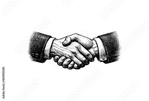 An antique black and white sketch depicts two men in suits shaking hands, conveying trust and partnership.
