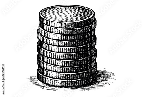 A vintage-style illustration of a stack of coins, rendered in black and white with a hatched texture, symbolizing wealth and finance.