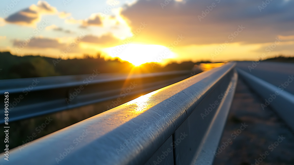 Fototapeta premium Golden hour highway: warm sunset hues paint the sky, reflecting on the metallic guardrail, blurring the line between travel and tranquility. A serene escape on the open road.