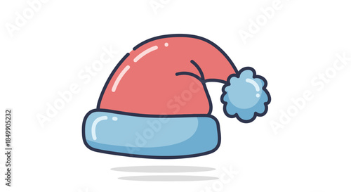 Cute cartoon Santa hat with fluffy pom-pom and festive design for holiday season