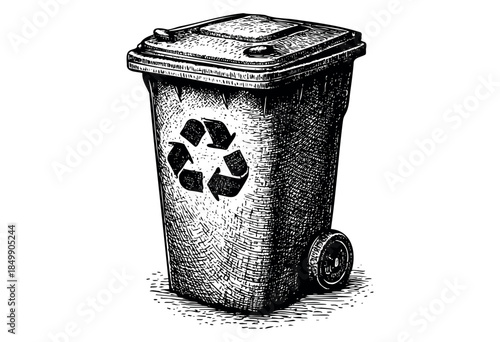 A detailed, hand-drawn black and white illustration of a wheeled trash can featuring the universal recycling symbol, perfect for environmental and waste management concepts.