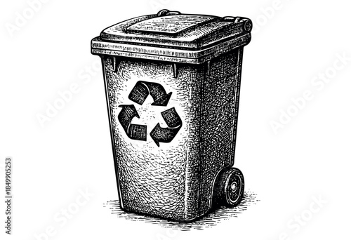 This black and white illustration features a wheeled recycle bin with the universal recycling symbol, rendered in a textured, classic engraving style.