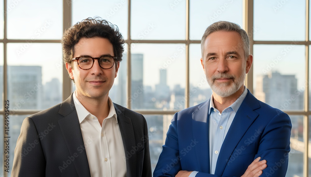 Fototapeta premium Two professional men one wearing glasses and a dark suit over a white shirt the other with a grey beard in a blue suit standing indoors with an urban city skyline visible through large windows